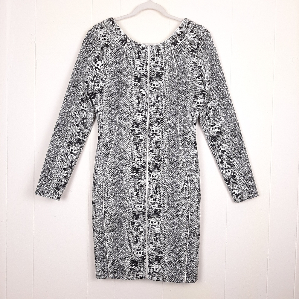 Reiss Fion Dress snake print long sleeve mini evening cocktail stretch gray